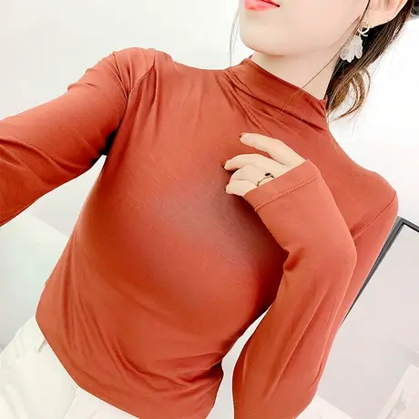 莫代尔半高领长袖T恤女打底衫春秋新款内搭黑色修身薄款百搭上衣商品大图