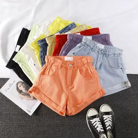 韩版松紧腰牛仔短裤2022春季新款高腰显瘦款卷边阔腿a字短裤ins潮商品大图