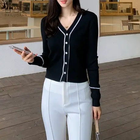 百洛安气质优雅V领针织上衣女短款开衫秋季新款时尚撞色毛衣外套图片