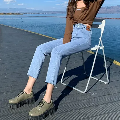 浅色八分直筒牛仔裤女春秋2023年新款高腰显瘦修身小个子烟管裤潮商品大图