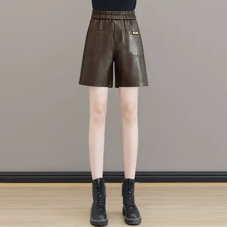 潮牌PU皮短裤女秋季2023新款松紧腰韩版小个子软特柔外穿五分靴裤商品大图
