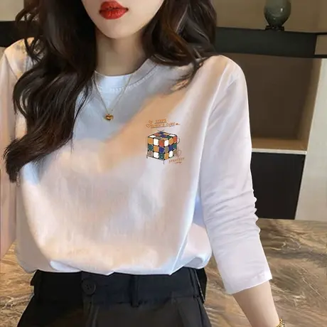 2022早秋新款宽松套头长袖T恤小个子时尚网红印花休闲白色上衣女商品大图