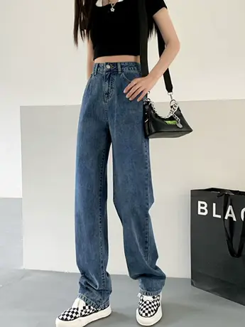 清仓捡漏高腰直筒牛仔裤女春秋2023年新款复古小个子阔腿拖地裤商品大图