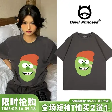 ulzzang小众街头ins风深灰色短袖t恤女宽松正肩卡通超火半袖上衣图片