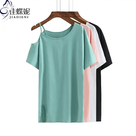 夏季新款韩版纯棉圆领露肩宽松中长款开叉短袖体恤上衣蓝色女装商品大图