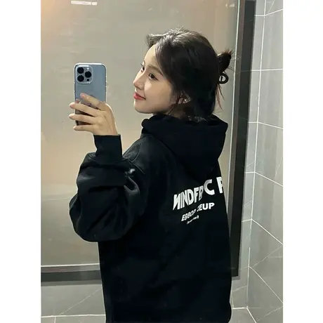 连帽卫衣女秋冬加绒加厚oversize小众高街潮牌ins宽松慵懒风外套图片