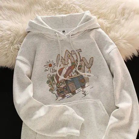 大码国潮卫衣女秋冬美式复古港味chic宽松小众设计感连帽上衣外套商品大图