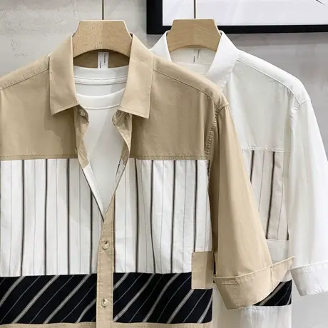 冰丝夏季男士宽松短袖衬衫日系休闲条纹拼接潮流7五分中袖衬衣男商品大图