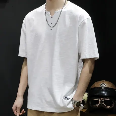 竹节棉V领短袖t恤男士夏季上衣宽松大码男装潮牌2023新款重磅体恤商品大图