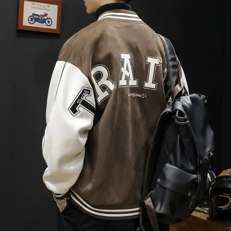 麂皮绒棒球服外套男秋冬款美式男士夹克大码2023新款冬季加绒加厚图片