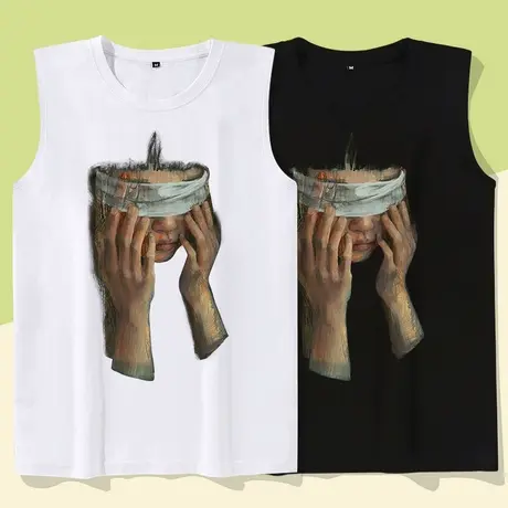 秀洛油画人像美式复古网红运动健身背心男男士无袖t恤篮球服上衣商品大图