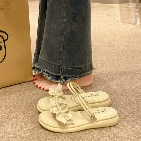 两穿露趾凉鞋女2023年新款夏季百搭网红仙女风小众平底珍珠凉拖鞋商品大图