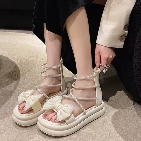 温柔仙女风甜美蝴蝶结珍珠高级感厚底气质凉鞋女2023夏季高帮凉靴商品大图