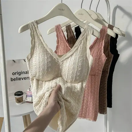 德绒加厚吊带背心女秋冬加绒保暖内搭美背带胸垫打底蕾丝绝美上衣图片