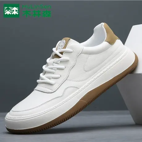 木林森男鞋秋冬新款英伦风皮鞋运动休闲板鞋黑白色一脚蹬厚底潮鞋商品大图