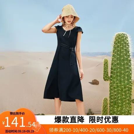 【艾格】2023夏新款V领连衣裙女复古休闲时尚收腰显瘦气质中长裙图片