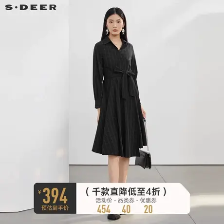 sdeer圣迪奥女装V领斜襟收腰撞色格纹衬衫连衣裙S22161212图片