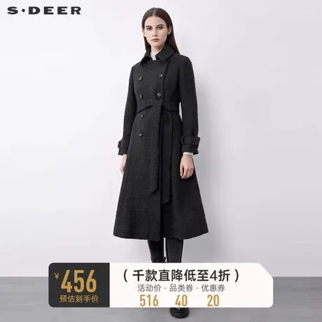 sdeer圣迪奥冬装翻领双排扣收腰格纹千金毛呢大衣女S21481815图片