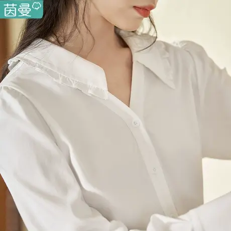 茵曼白色翻领衬衫女2023春季新款别致小众不撞款上衣泡泡袖衬衣商品大图
