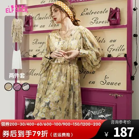 妖精的口袋宫廷风雪纺碎花连衣裙女2023秋新款v领收腰显瘦裙子商品大图