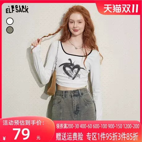 妖精的口袋bm风长袖短款t恤女2023秋季新款印花方领修身辣妹上衣图片