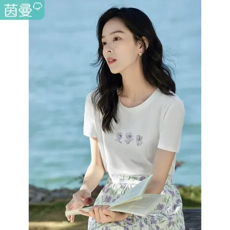 茵曼田园休闲T恤2023夏季女装新款趣味绣花修身显瘦圆领短袖上衣商品大图