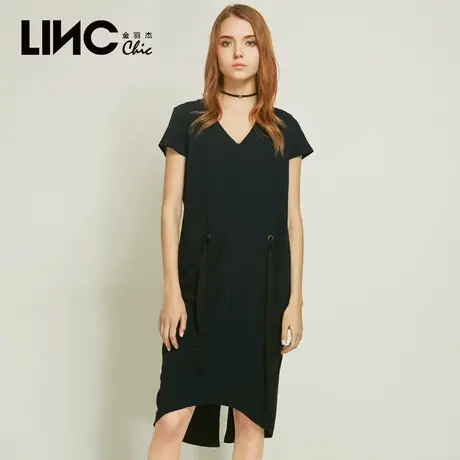 LINC金羽杰连衣裙春季新款法式后开叉大V领抽绳连衣裙女8261737图片