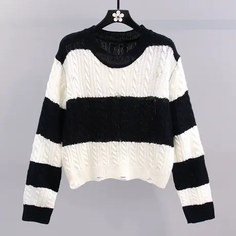 拼色条纹短款毛衣女秋冬2023新款宽松设计感显瘦套头长袖针织衫图片