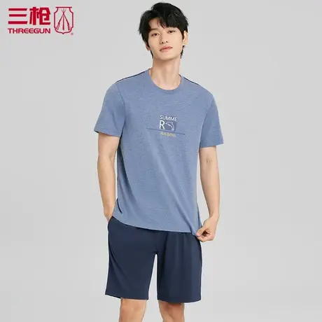 三枪睡衣男夏薄款水柔棉圆领短袖短裤套装男士家居服休闲款82059图片