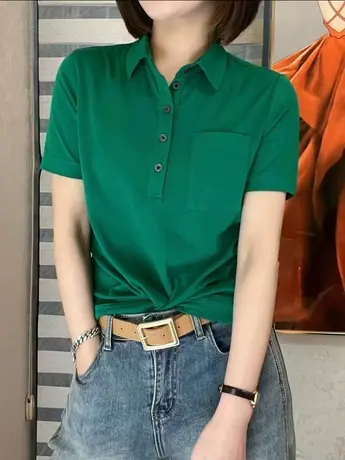纯色口袋短袖t恤女夏季新款翻领polo衫宽松显瘦套头运动休闲上衣商品大图