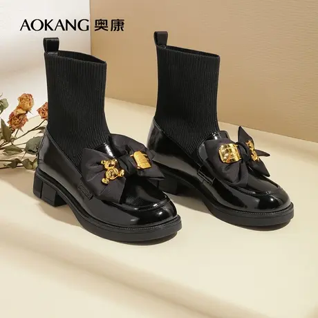 【门店发货】奥康女鞋2022秋季新款弹力袜靴针织乐福鞋黑色百搭图片