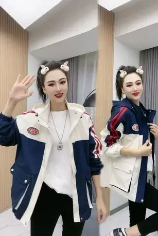 时尚高级感拼色韩版宽松连帽外套女2023春季新款大口袋工装夹克潮商品大图