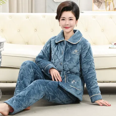 睡衣女冬季三层加厚加绒珊瑚绒夹棉保暖中老年妈妈大码家居服套装商品大图