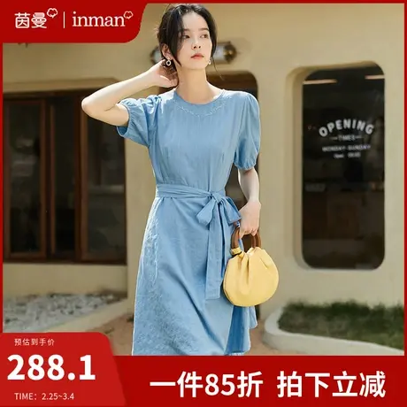 茵曼全棉连衣裙女2022年夏季新款法式气质收腰显瘦桔梗裙中长裙子图片
