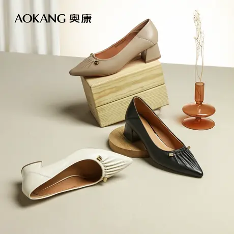 [门店发货]奥康女鞋 春新品真皮套脚粗跟通勤商务浅口单鞋图片
