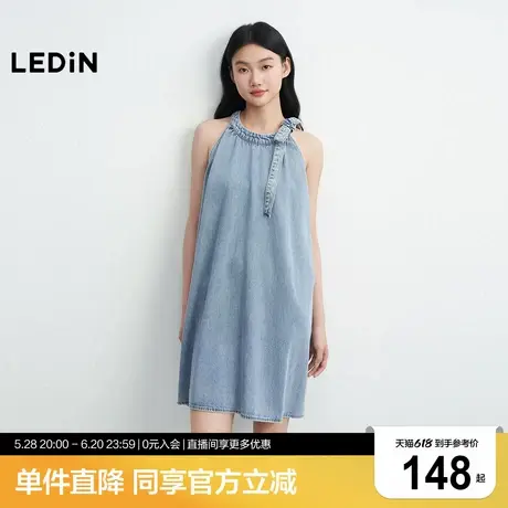乐町无袖怀旧复古牛仔连衣裙女2025年夏季新款蝴蝶结领口甜美裙子商品大图