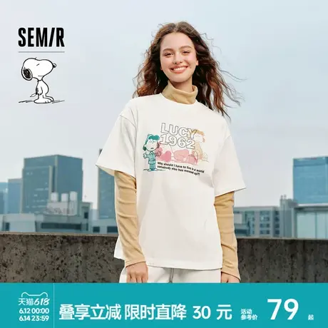 [商场同款]森马史努比系列短袖T恤女中长款印花2024新款纯棉秋装商品大图