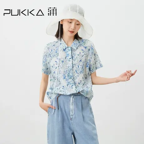 蒲PUKKA 原创设计2023夏季新品亚麻清新印花H型短袖衬衫图片
