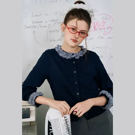 a02木耳边针织开衫2025早春格纹拼接麻花纹理百搭慵懒女针织衫商品大图
