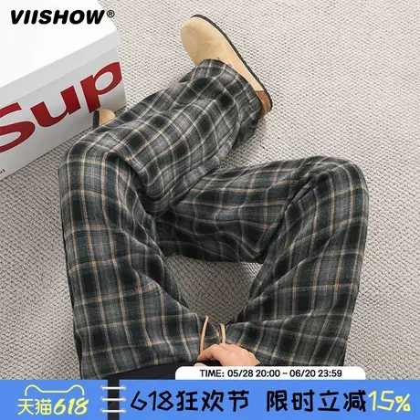 VIISHOW复古磨毛格子休闲裤男春款口袋绣花卫裤宽松直筒廓形长裤商品大图