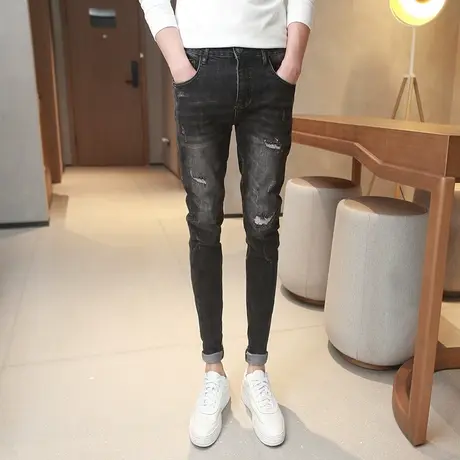 2023秋冬新款黑色破洞牛仔裤修身显瘦小脚长裤韩版男青年铅笔裤潮商品大图