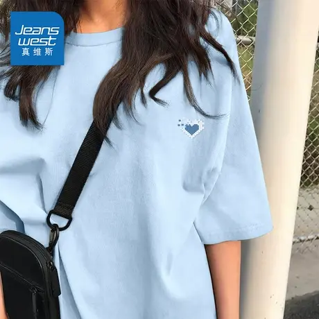 KMV真维斯蓝色纯棉短袖t恤2025夏季新款宽松休闲半袖大码女装上衣商品大图