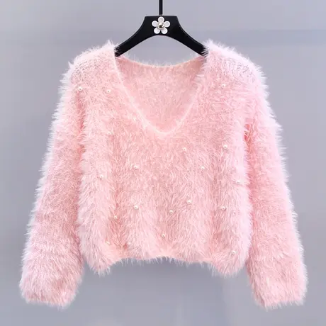 日系软糯钉珠毛衣女秋冬2023新款宽松设计感洋气减龄短款针织衫商品大图