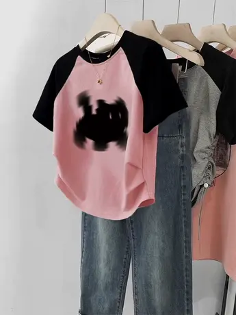 粉色短款插肩袖T恤女夏美式hiphop撞色大码潮ins复古修身短袖上衣商品大图