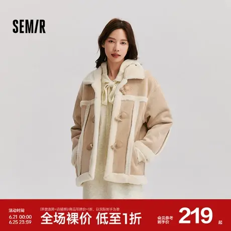 森马外套女牛角扣翻领宽松复古文艺2024冬季新款仿麂皮仿兔毛夹克图片