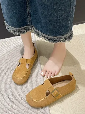 森系文艺复古平底单鞋女2023年春秋新款勃肯鞋磨砂晚晚圆头丑萌鞋商品大图