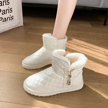雪地靴女2023年冬季新款一脚蹬加绒加厚短靴子皮面防水东北大棉鞋商品大图