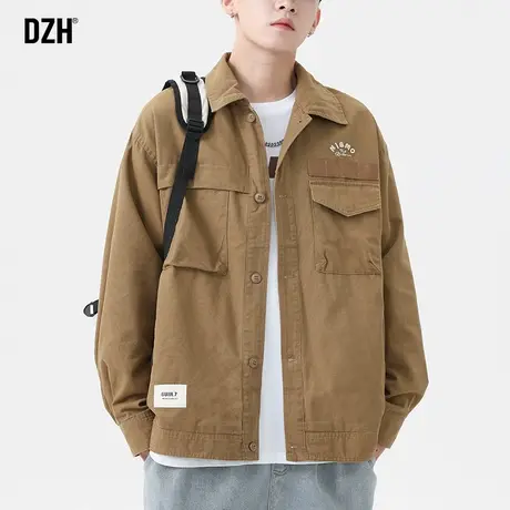 男士休闲上衣卡其色外套男美式纯棉夹克男款秋季新款翻领刺绣衣服商品大图