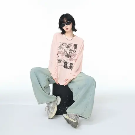 莱赛尔天丝凉感美式复古印花长袖T恤女夏宽松慵懒风轻薄罩衫上衣图片