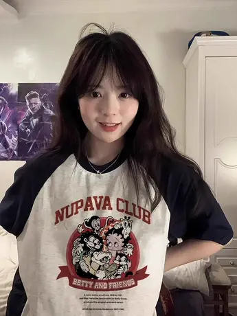 美式复古潮牌插肩短袖t恤女2024新款夏季纯棉宽松设计感小众上衣商品大图